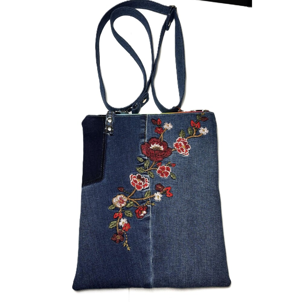 Handmade Upcycled Flower Embroidered Crossbody Bag With Handmade Beaded Tassel - Picture 2 of 5
